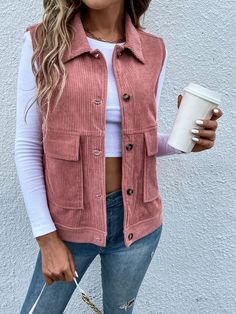 Flap Pocket Corduroy Vest Jacket Dusty Pink Casual  Sleeveless Corduroy Plain vest Non-Stretch  Women Clothing, size features are:Bust: ,Length: ,Sleeve Length: Corduroy Vest, Sleeveless Vest Jacket, Plain Vest, Sleeveless Coat, Winter Vest, Casual Vest, Vest Coat, Sleeveless Vest, Corduroy Jacket