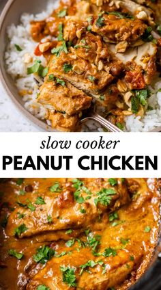 slow cooker peanut chicken in a bowl with rice and cilantro on the side