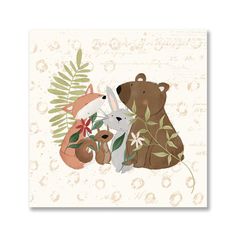 two bears are hugging each other in front of some leaves and flowers on a beige background