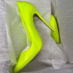 Brand New Never Worn. Modern Green Patent Leather Heels, Modern Yellow Heels With Sculpted Heel, Chic Neon Yellow Round Toe Heels, Chic Neon Yellow Pointed Toe Heels, Loubiton Heels, Pigalle Follies, Christian Louboutin Kate, Christian Louboutin Pigalle, So Kate