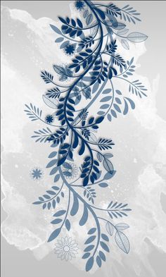 blue flowers and leaves on a gray background with watercolor paint effect in the middle