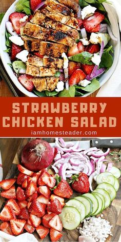 chicken salad with strawberries and cucumbers on the side is shown in this collage