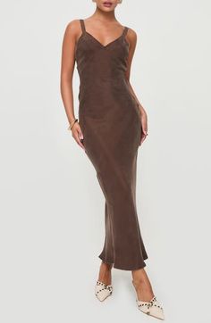 Move from date night to after party without skipping a style beat in this slinky slip-style maxi dress made from a lightweight woven fabric. 55 1/2" length Hidden side-zip closure V-neck Adjustable straps Partially lined 60% cupro, 40% Tencel® lyocell Tencel lyocell is a more-sustainably produced fiber made with closed-loop processing Hand wash, line dry Imported Fleece Dress, Outerwear Outfit, After Party, Curve Dresses, Style Maxi Dress, Formal Dresses Prom, Casual Tank Tops, Brown Dress, White Midi Dress