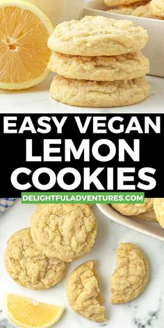 lemon cookies stacked on top of each other with the words easy vegan lemon cookies