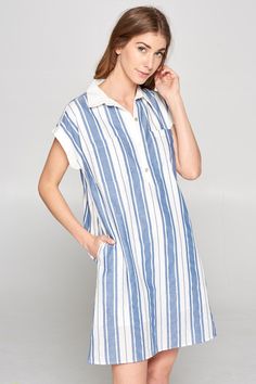 Such an easy throw on and go stripe woven shirt dress with pockets. So cute with your favorite sandals or sneakers. Easy to wear to dress that helps you look cute while staying cool. Side pockets Stripe woven shirt dress Button down closure Short sleeve Imported 100% Cotton Model is wearing size small, is 5'9" Runs true to size but if in between, recommend to size up Shirt Dress With Pockets, Kimono Sweater, Striped Shirt Dress, Summer Stripes, Button Dress, Dress With Pockets, Sweater Skirt, Simple Dresses, Striped Shirt