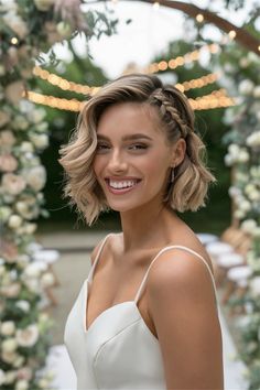 Discover the perfect short hairstyle women can embrace for their wedding day! This chic bob, elegantly styled with soft waves, frames the face beautifully while adding a modern touch to traditional bridal looks. Whether you adorn it with delicate hairpins or let it flow naturally, this hairstyle complements every gown and enhances your radiant beauty. Make your walk down the aisle unforgettable with this stunning choice! Short Hairstyles Bridal, Wedding Simple Hairstyles Short Hair, Wedding Hairstyles For Super Short Hair, Short Hairstyle Women Traditional, Medium Hairstyle Wedding Bride, Bob Hairstyle Bridesmaid, Short Curled Hairstyles Wedding, Short Half Up Bridal Hair, Mid Length Bridal Hairstyles