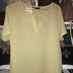 Fine Knit Top With Cutout Detail. Sunshine Yellow Color With Metallic Hints. Purchased In Famous European Store Lc Waikiki. Casual Crew Neck Blouse For Party, Knit V-neck Party Tops, Trendy Gold V-neck Top, Yellow Casual Party Blouse, Casual Summer Knit Top For Party, Casual Yellow Party Blouse, Gold Stretch Casual Tops, Gold V-neck Top For Beach, Trendy Short Sleeve Knit Blouse