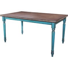 a wooden table with blue legs and a wood top on an isolated white background,