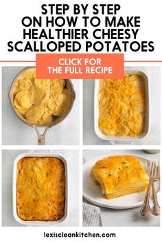 the steps to make cheesy potatoes in a casserole dish with text overlay