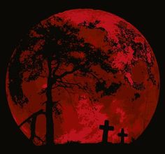 a red full moon with two crosses in the foreground and a tree silhouetted against it