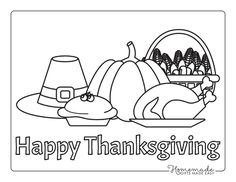 a thanksgiving coloring page with turkeys and pilgrim hats on the plate, in black and white