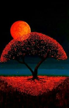 a painting of a tree with the moon in the background