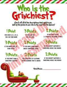 Who Is The Grinchiest Game, The Grinch Appetizers, Build A Grinch Printable, Kids Grinch Party Ideas, Grinch Christmas Activities, Grinch Themed Christmas Party Decorations, Grinch Themed Christmas Party Games, Grinch Theme Christmas Party, The Grinch Party Ideas