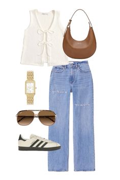 Addidas sambas, jeans, gold jewlery Chic Thrift Outfits, Casual Charleston Outfit, Summer Vibes Outfits Fashion Ideas, Outfit Ideas Shopping Day, Summer Outfits For Nyc, High Point Market Outfits, Fall Outfits Mood Board, Spring Capsule Wardrobe Outfits, Gen Z Fall Fashion