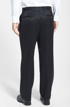 A classic pleated cut styles sharp cuffed trousers fashioned from finely textured super 100s wool gabardine. 20" leg opening; 14" front rise; 19" back rise (size 40x30). Zip fly with hook-and-bar closure. Front slant pockets; back button-closure welt pockets. Get the perfect fit—book an appointment with one of our alterations experts 100% wool. Dry clean. By Berle; imported. Formal Full-length Suits With Pressed Crease, Classic Formal Dress Pants In Suiting Fabric, Formal Solid Wool Pants, Formal Flat Front Pants With Belt Loops, Formal Solid Wool Dress Pants, Classic Formal Dress Pants With Welt Pockets, Formal Wool Dress Pants In Solid Color, Formal Flat Front Dress Pants With Pressed Crease, Formal Wool Dress Pants With Pressed Crease