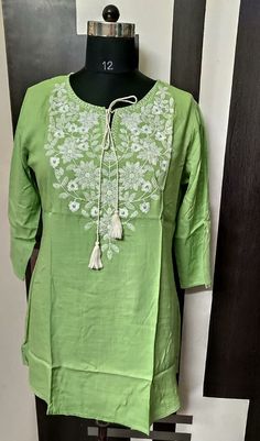 Kurti Rayon Slub dyed  print  With white embroidery, qureshia Chikan Laces & hand work  Size-38 to 44 Colors- 5 summer pestle color👌👌 Please check your Bust size before placing your order to have hassle free experience. For any clarification, please write back to us & we are already delighted to help you in finding right product for your fit.  100% Guarantee & customer Satisfaction. We accept PayPal as payment gateway, a safest way for both you & us. Feel free to write us in case any query for any issue with your Order or to understand the products. Thank you so much for visiting. Have a great day ahead! Embroidered Cotton Kurta For Summer, Green Cotton Kurta For Spring, Bohemian Style Pista Green Kurta For Spring, Green Kurta With Chikankari Embroidery For Spring, Traditional Pista Green Kurta For Summer, Bohemian Pista Green Kurta With Chikankari Embroidery, Casual Embroidered Kurta For Festivals, Bohemian Green Kurta With Chikankari Embroidery, Green Cotton Kurta With Embroidered Border