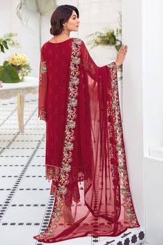 Latest Salwar Kameez USA Online in Red Color is an elegant Pakistani Party Dress. This Pakistani Dress comes with skillful artistry and intricate details. High-quality and lavishly embroidered patterns are rendering the entire look even more luxurious and breathtaking. Kameez: This Pakistani Salwar Kameez comes with a modish Chiffon Kameez in vibrant red color. This kameez is gracefully decorated with beautiful embroidery work in lavish yet soulful floral patterns making this Salwar Kameez USA O Pakistan Dress, Embroidered Patterns, Latest Salwar Kameez, Organza Shirt, Pakistani Salwar, Pakistani Party Wear, Organza Sleeves, Pakistani Salwar Kameez, Chiffon Collection