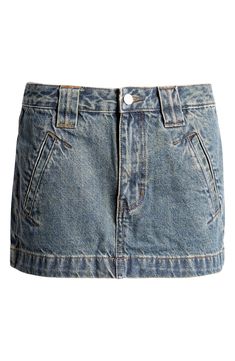 This micro miniskirt is made of nonstretch denim for a hint of structure and gets throwback vibes from strategic fading. 12" length (size 25) Zip fly with button closure Front slant pockets; back patch pockets 100% cotton Machine wash, line dry Imported Medium Wash Mini Skirt With Pockets, Affordable Mid-rise Dark Wash Mini Skirt, Mid-rise Mini Skirt With Pockets In Medium Wash, Pacsun Jean Skirt, Dark Wash Button Closure Mini Denim Skirt, Micro Miniskirt, Back Patch, Pacsun, Low Rise