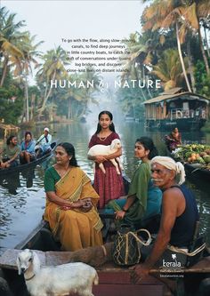 the poster for human nature is shown with people in boats and a dog on the water