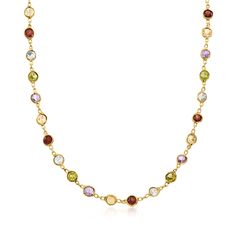 Ross-Simons - 10.70ct t. w. Bezel-Set Multi-Gemstone Necklace Over Sterling. 18". A cheerful strand of rainbow jewels at a price that may surprise you. This necklace lines up 10.70 ct. tot. gem wt. bezel-set amethyst, citrine, garnet, blue topaz and peridot rounds on a classic 18kt yellow gold over sterling silver cable chain. Lobster clasp, multi-gemstone necklace. Gold Multi-stone Necklace Fine Jewelry, Yellow Gold Multi-stone Necklaces, Multicolor Gemstone Accents Fine Necklace, Multicolor Multi-stone Tourmaline Necklace, Multicolor Multi-stone Tourmaline Necklaces, Multi Gemstone Necklace, Gem Necklace, Peridot Stone, Citrine Stone