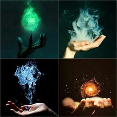 four different pictures with hands holding something in it and the light coming from one hand