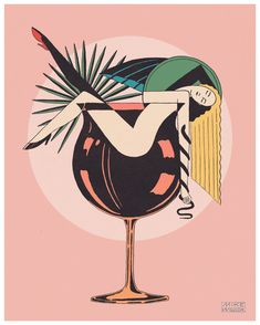 a drawing of a woman laying on her back in a wine glass with palm fronds