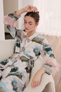 Refresh your wardrobe with premium classics. Our printed silk pajama set with feather is timeless style, brings you fortune, love and Christmas wish.❤️👘🙌 Shop link in bio, every gift that you bestow this holiday season is precious love. #pajamas #fashion #style #home #love #robe #christmas #holiday #gift #winter Elegant Fitted Sleepwear For Pajama Party, Elegant Feathered Evening Robe, Elegant Long Sleeve Summer Sleepwear, Elegant Summer Lounging Sets, Elegant Summer Sleepwear For Lounging, Elegant Robe With Feather Trim For Wedding Night, Feathered Robe For Wedding Night, Elegant Sleepwear For Pajama Party In Spring, Elegant Summer Sleep Sets