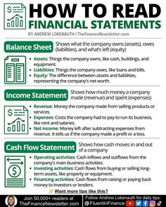 an info sheet with the words how to read financial statements and cash flow statement on it