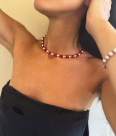 Red Handmade Jewelry, Red Beaded Choker As Gift, Red Choker With Colorful Beads As Gift, Red Choker With Tiny Beads, Handmade Adjustable Red Choker, Adjustable Red Beaded Choker, Red Beaded Necklace, Red Choker, Beads Choker