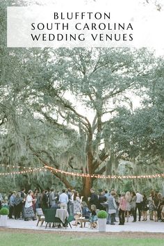 people are gathered in front of a large tree with lights strung from it and the words, bluffton south carolina wedding venues