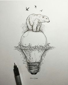 a drawing of a polar bear on top of a light bulb