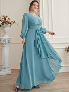 Baby Blue Elegant Collar Long Sleeve Chiffon Plain A Line Embellished Non-Stretch All Weddings & Events Long Sleeve Blue Dress Casual, Long Sleeve Chiffon Dress Bridesmaid, Long Sleeve Chiffon Dress Casual, Gowns Dresses Western, Sifon Dress Chiffon, Chiffon Maxi Dress With Sleeves Classy, Elegant Maxi Dress With Sleeves, Plain Gown Designs, Chiffon Gown With Sleeves