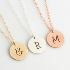 "Initial Disc Necklace, Personalized Initial Necklace, Engraved Initial, Custom Circle, Monogram Necklace, Letter Necklace Pick a font and initial and we'll create a custom necklace just for you! This engraved initial necklace is great for layering, a wonderful minimalist piece, perfect gift for your wife, girlfriend, Mother's Day gift or simply to treat yourself! Engraved and hand assembled with care and love, it comes in 14k gold fill, rose gold fill, or sterling silver. HOW - TO - ORDER 1. Se Rose Gold Monogram Necklace In Sterling Silver, Rose Gold Sterling Silver Monogram Necklace, Initial Pendant Necklaces For Jewelry Making, Rose Gold Round Initial Necklaces, Rose Gold Hand Stamped Round Pendant Necklace, Rose Gold Initials Round Necklace, Rose Gold Round Pendant Necklace With Hand Stamping, Rose Gold Initials Necklace, Rose Gold Round Initials Necklace