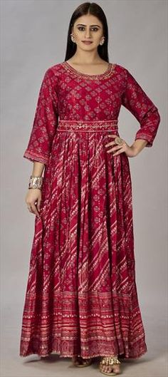 Red and Maroon color Gown in Muslin fabric with Digital Print, Embroidered, Sequence work Red Gown With Resham Embroidery For Eid, Festive Red Anarkali Dress, Red Dress For Reception And Eid, Red Festive Dress For Festivals, Red Gown With Resham Embroidery For Diwali, Red Anarkali Dress For Festive Occasions, Red Formal Gown With Zari Work, Formal Red Gown With Zari Work, Formal Red Dress With Zari Work