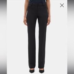 Size : 2 Color: Black Cut With A Whisper Of Stretch, These Perfectly Tailored Trousers Offer Both Comfort And Effortless Style. Slight Flare At The Bottom. Rise: 9.5” Inseam: 32” - Front Hook And Zip Closure - Belt Loops - Angled Front Pockets - Back Besom Pockets - Flared Fit - Tailored In Sevona Stretch Wool Black Straight Silhouette Bottoms For Evening, Black Bottoms With Welt Pockets Straight Silhouette, Black Bottoms With Welt Pockets And Straight Silhouette, Tailored Black Straight Pants, Tailored Black Pants With Straight Silhouette, Black Tailored Straight Silhouette Pants, Chic Black Pants With Straight Silhouette, Black Straight Silhouette Bottoms For Business, Black Bottoms With Straight Silhouette For Business