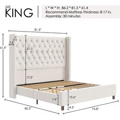 king size bed with white leather headboard and wooden slats, measurements for the frame