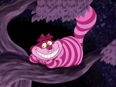 an animated pink and purple striped cat sitting in a tree