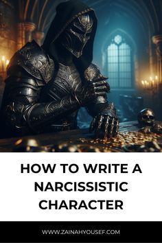 a character sitting on the ground with text overlay reading how to write a narcissic character