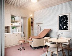 a living room with white brick walls and wooden furniture in the corner, along with a small dining table