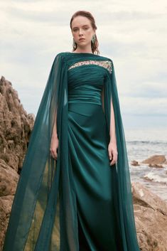 Kaytlyn Slit Cape Sleeved Silk Satin Floor Length Dress - MEAN BLVD Dark Green Elegant Dress, Dress Extension, Green Long Dress, Cape Sleeve Dress, Cape Gown, Puffy Dresses, Lace Evening Gowns, Mean Blvd, Off Shoulder Dresses