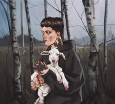 a painting of a woman holding a baby goat