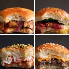 four different views of a hamburger with meat and cheese