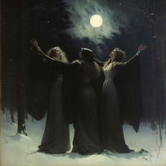 three women dressed in long black dresses standing on snow covered ground with their arms outstretched