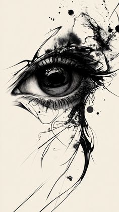 an artistic black and white drawing of an eye