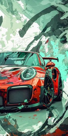 a red sports car parked in front of a green and white background with paint splattered on it