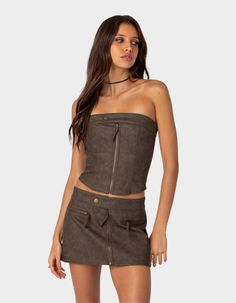 This Faux Leather Corset Is The Perfect Choice For A Night Out With The Girls. Its Lace Up Back Willl Ensure You Feel Secure While You Dance All Night. Corset. Lace Up Back. Zip Front Closure. Snap Button Detail. 100% Faux Leather. Item Care: Hand Wash. Model Wears Size S. Model Height Is 5'7. | Edikted Ziva Faux Leather Lace Up Corset Top Womens Corset Tops, Strapless Corset Top, Brown Corset, Womens Activewear Tops, Lace Up Corset, Strapless Corset, Leather Corset, Women Corset, Leather Lace