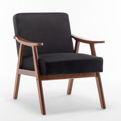 a black chair with wooden arms and legs