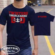 a man wearing a t - shirt that says, twisters cheerleadering dad