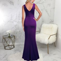 V Neck Sleeveless High Split Floor Length Dresses Sleeveless Dress With Back Zipper, Sleeveless Purple Maxi Dress For Evening, Sleeveless Maxi Dress With Back Zipper, Purple Sleeveless Evening Maxi Dress, Fitted Purple Sleeveless Maxi Dress, Fitted Sleeveless Purple Maxi Dress, Fitted V-neck Sleeveless Purple Dress, Fitted Purple Sleeveless V-neck Dress, Stretch Solid Color V-neck Maxi Dress