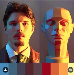 a man standing in front of a mannequin head with different colors on it